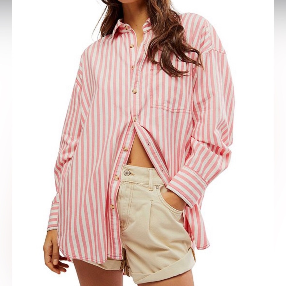 We The Free Pink and White Striped Button-Down Shirt